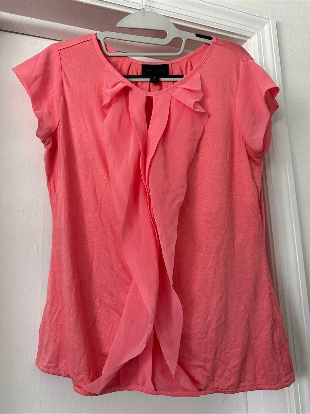 Worthington Coral Pink Ruffle-Front Cap Sleeve Blouse